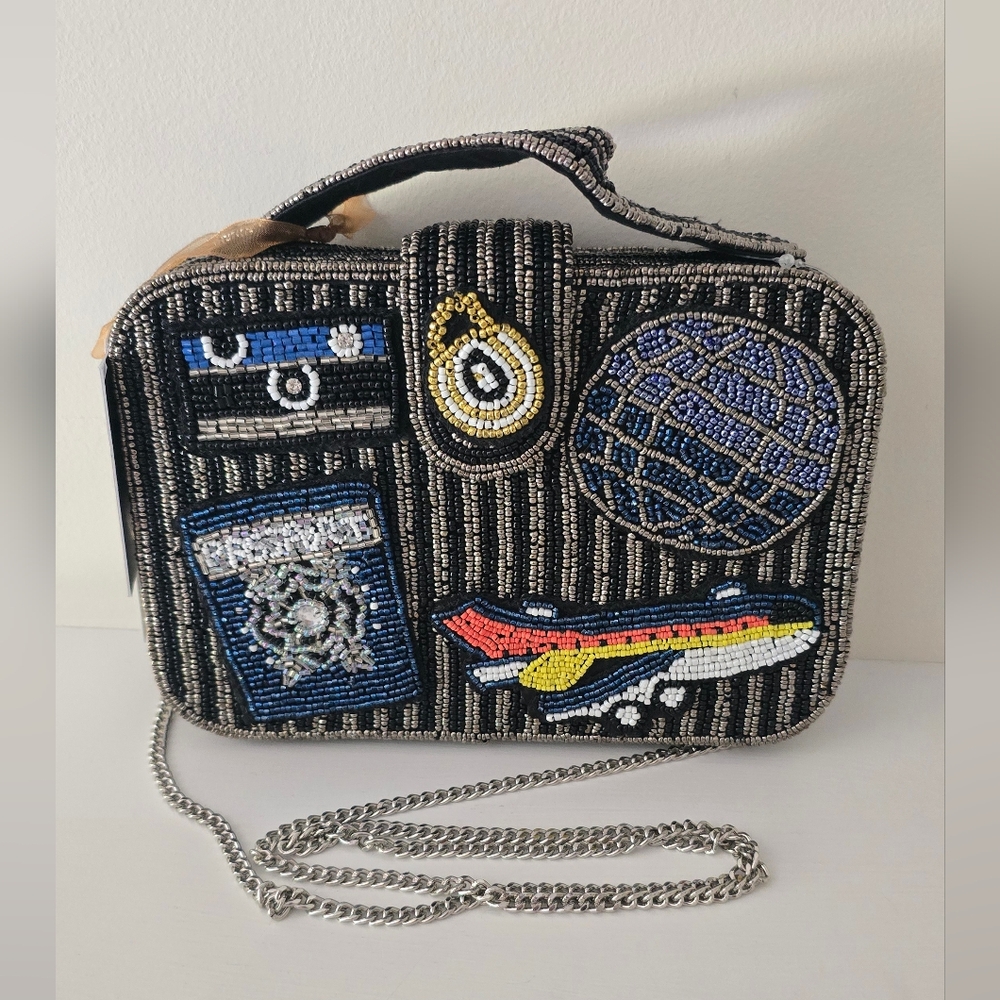 Handmade Beaded Travel Motif Crossbody Bag – Globe, Airplane & Passport Design